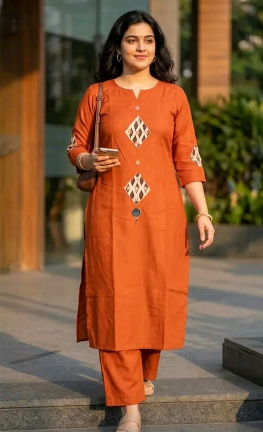 Rust Orange Cotton Blend Ethnic Printed Straight Kurti Set for Women | Kurti with Pants | Office & Casual Wear
