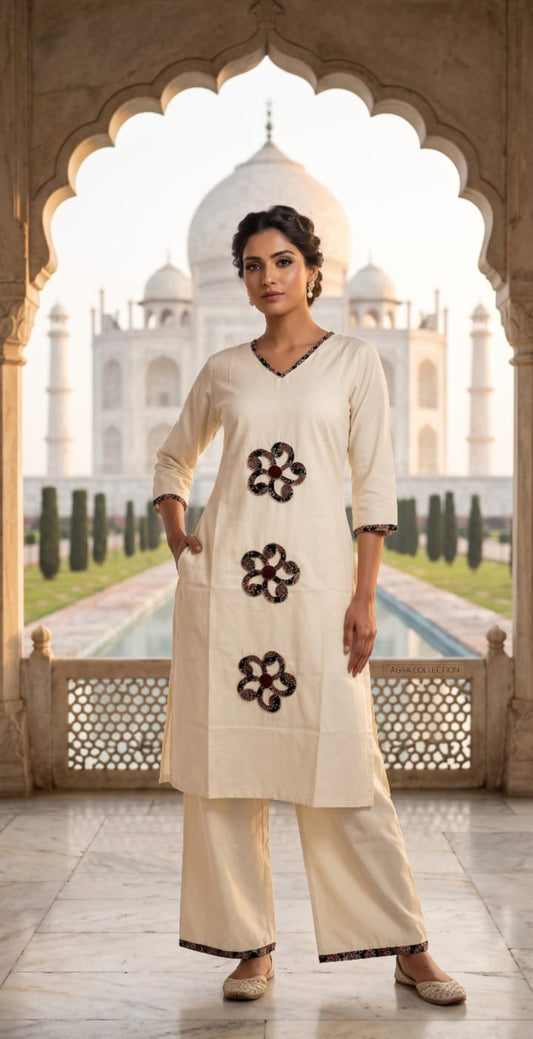 Women's Cotton Floral Embellished Kurti Pant Set | Elegant Ethnic Wear