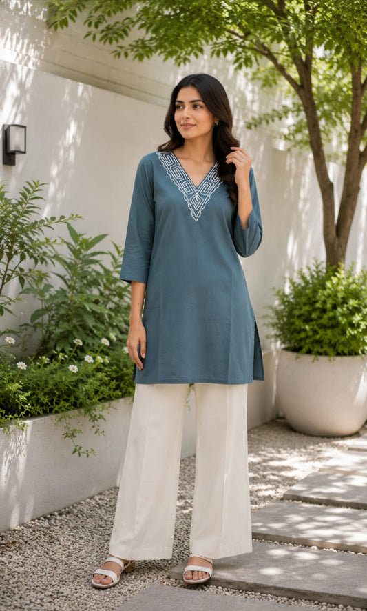 Women's Solid Cotton Kurti with Embroidered V Neck