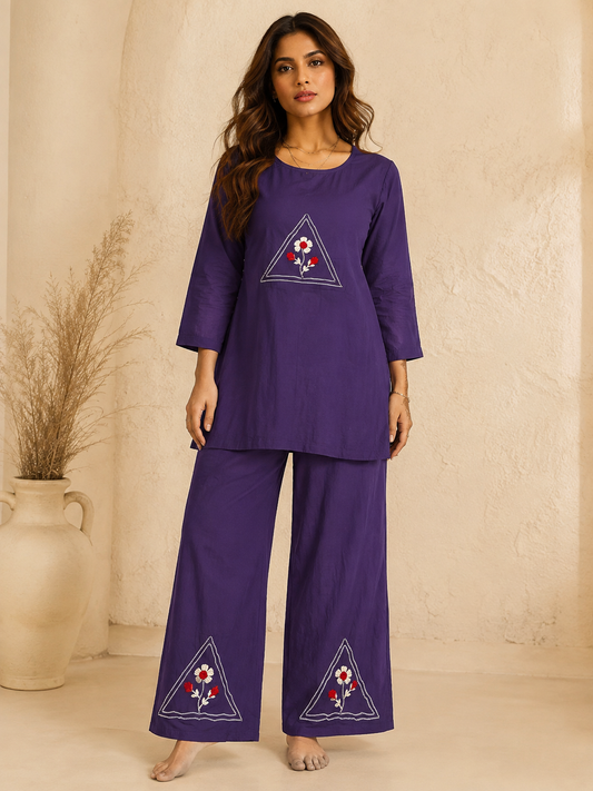 Royal Purple Cotton Embroidered Co-Ord Set for Women | Premium Straight Kurti & Palazzo Set