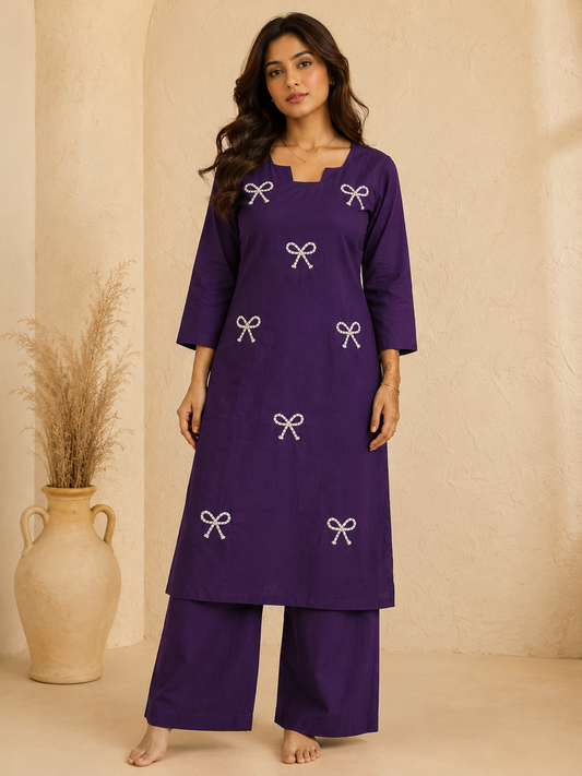 Deep Purple Cotton Bow Embroidered Kurta Palazzo Set for Women | Premium Ethnic Co-Ord Set