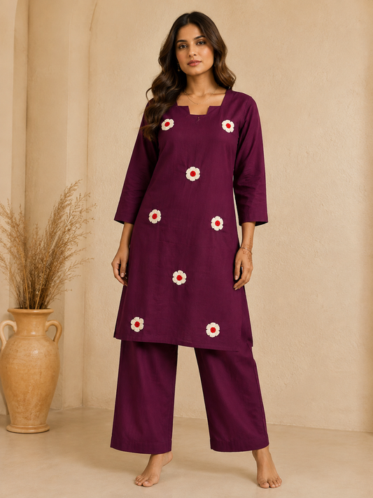 Wine Cotton Floral Embroidered Kurta Palazzo Set for Women | Premium Ethnic Co-Ord Set