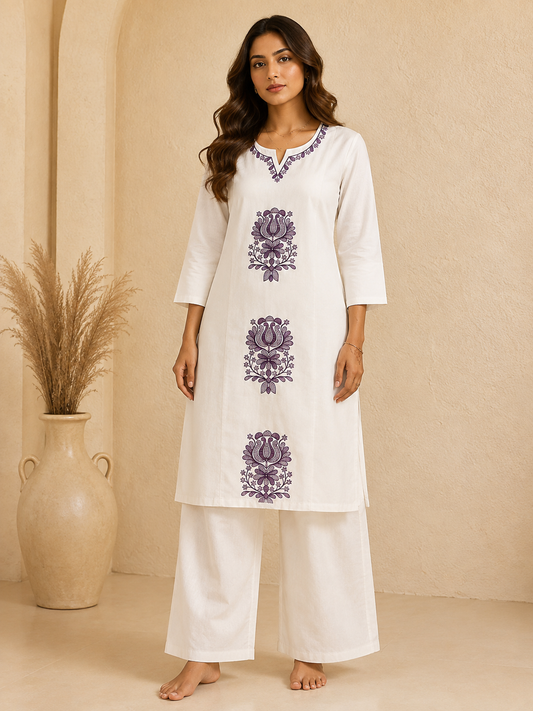 White Cotton Embroidered Kurta Palazzo Set for Women | Premium Straight Ethnic Suit