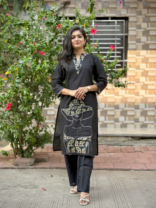 Black Cotton Tribal Print Straight Kurti Pant Set | Designer Ethnic Wear Co-Ord Set