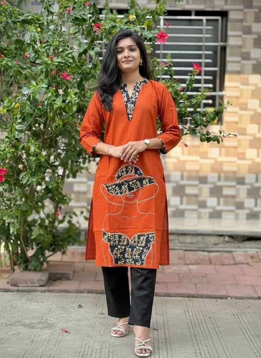 Women's Designer Cotton Kurti with Tribal Art Print