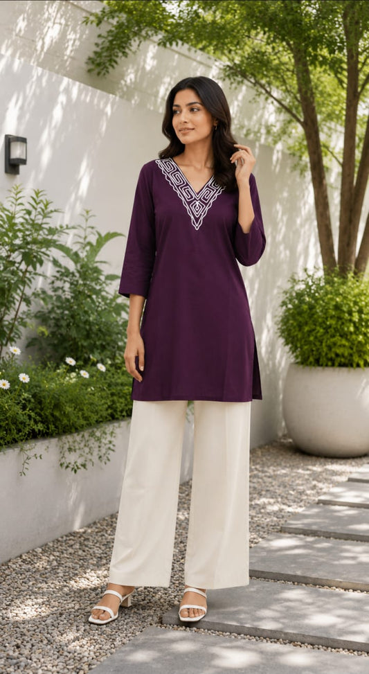 Cotton Embroidered V-Neck Straight Kurti